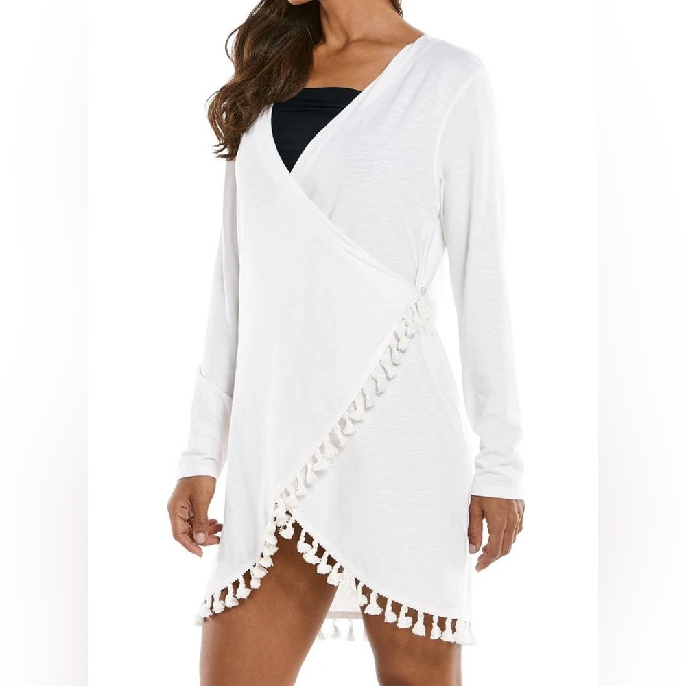 NWT Coolibar San Clemente cover-up in white with tassels. UPF 50+